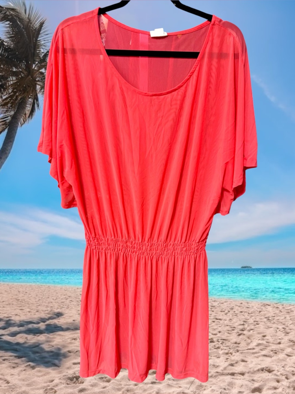 O’rageous women’s XL swimsuit cover-up sheer Mesh Beach Mini Dress Solid Coral